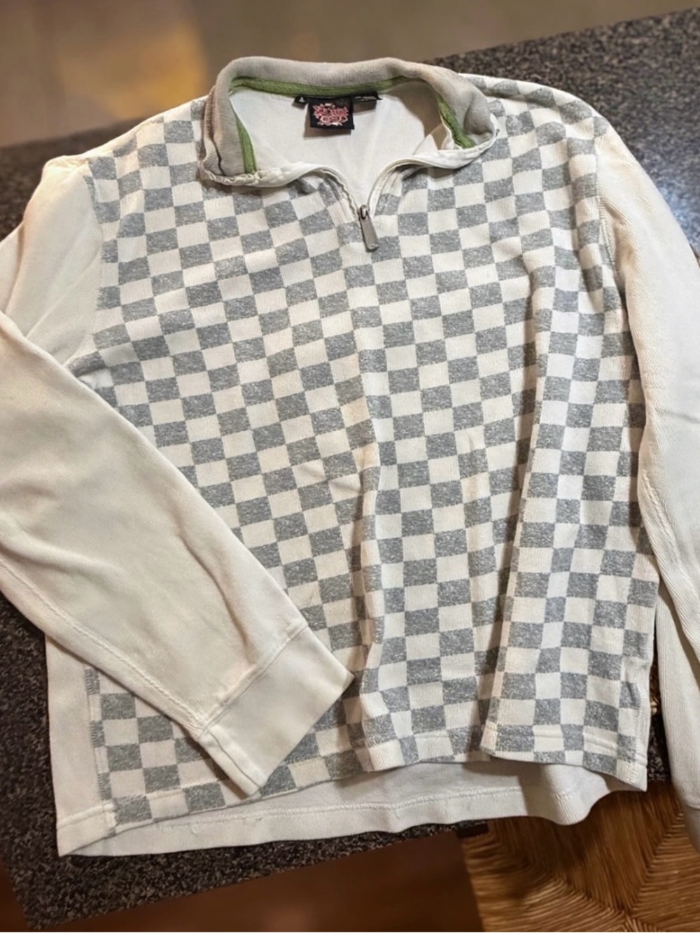 VINTAGE - Point Zero Men's Checkerboard Quarter-Zip Sweater - White & Light Gray